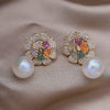 Korea Design Jewelry 14K Gold platied Zircon Stereo Flower Pearl Pendant Earrings Elegant Women's Party Accessories