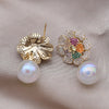 Korea Design Jewelry 14K Gold platied Zircon Stereo Flower Pearl Pendant Earrings Elegant Women's Party Accessories