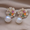 Korea Design Jewelry 14K Gold platied Zircon Stereo Flower Pearl Pendant Earrings Elegant Women's Party Accessories