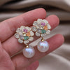 Korea Design Jewelry 14K Gold platied Zircon Stereo Flower Pearl Pendant Earrings Elegant Women's Party Accessories