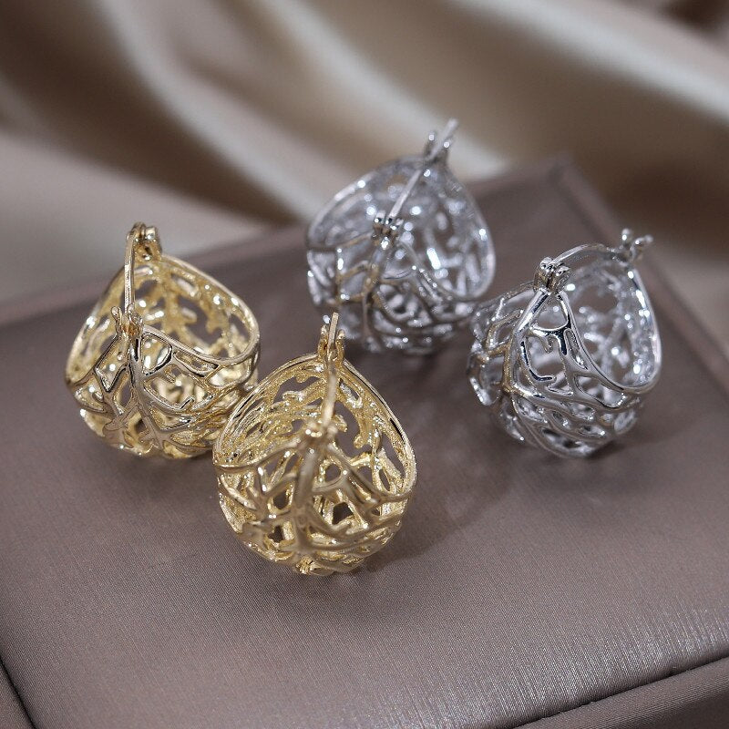 Korea Design Jewelry 14K Gold plating Hollow Leaf Flower Basket Earring Elegant Women's Daily Work Metal Accessories