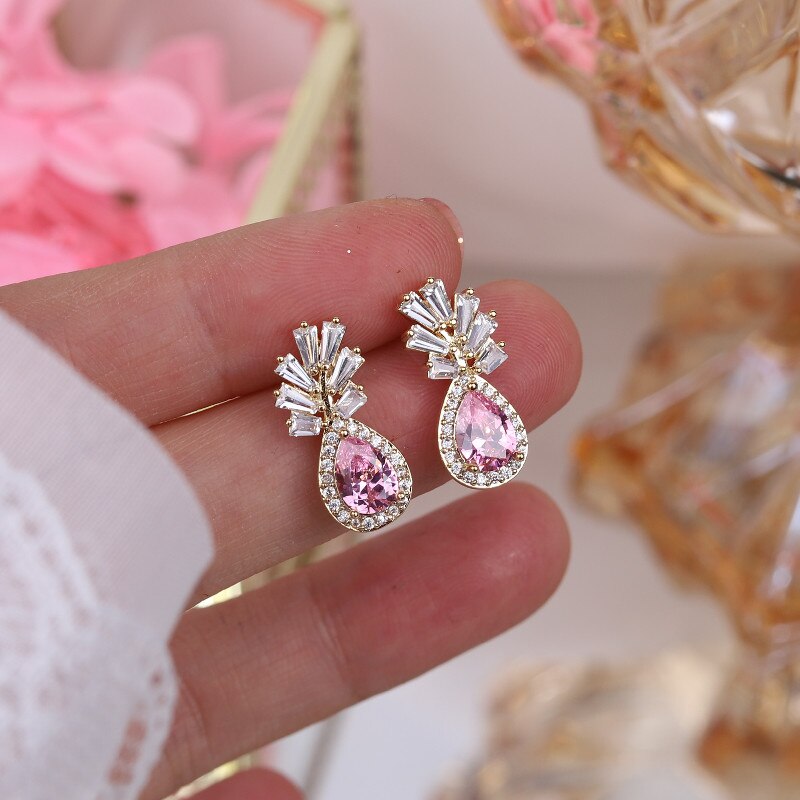Korea Design Jewelry 14K Real Gold Plating AAA Pink Zircon Leaf Earrings Elegant Sweet Women's Wedding Accessories