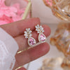 Korea Design Jewelry 14K Real Gold Plating AAA Pink Zircon Leaf Earrings Elegant Sweet Women's Wedding Accessories