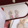 Korea Design Jewelry 14K Real Gold Plating AAA Pink Zircon Leaf Earrings Elegant Sweet Women's Wedding Accessories