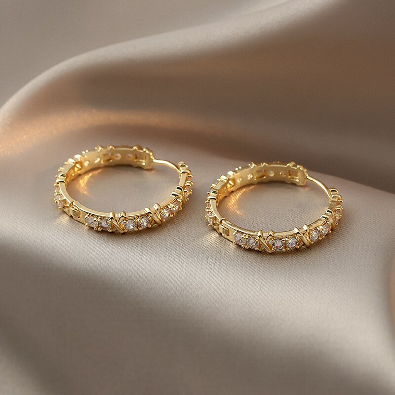 Korea Design Jewelry 14K Real Gold Plating Round AAA Zircon Cross Earrings Elegant Women's Daily Earrings