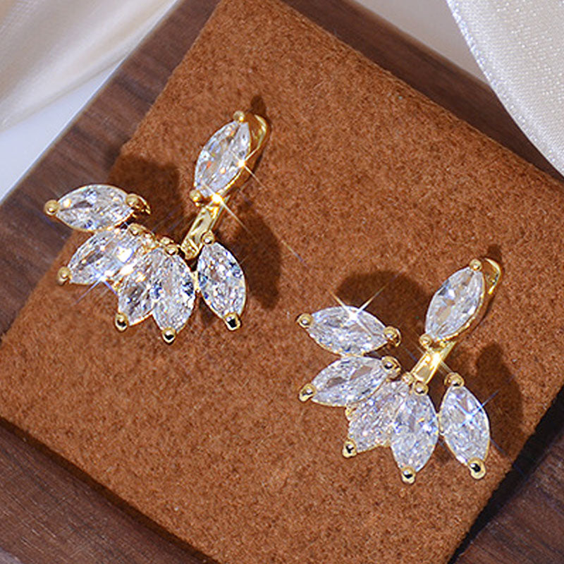 Korea Design Jewelry 14K Real Gold Plating Water Drop AAA Zircon Leaf Earrings Elegant Women's Daily Work Earrings