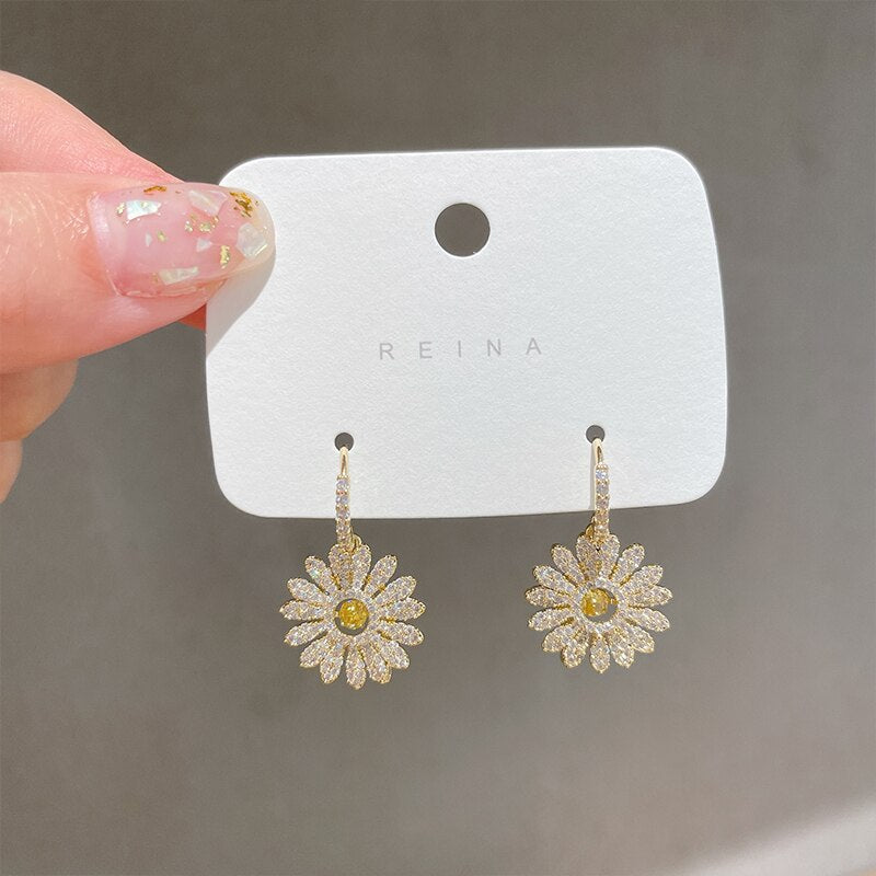 Korea Design Jewelry AAA Zircon 14K Real Gold Plating Daisy Earrings  Shiny Women's Wedding Accessories