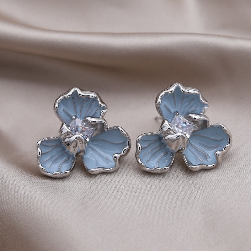 Korea Design Jewelry Blue Enamel Oil Drop Flower Zircon Earrings Elegant Women's Daily Work Accessories