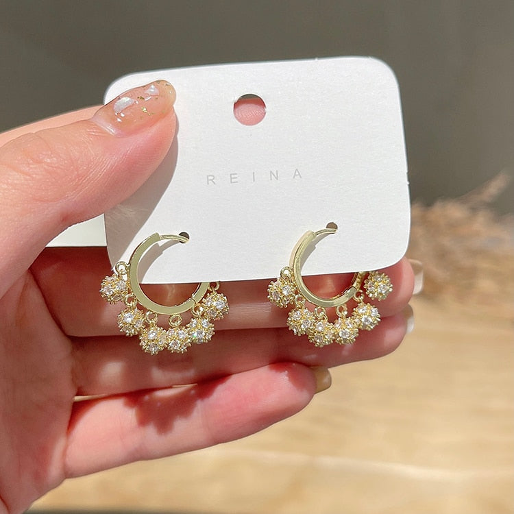 Korea Design Jewelry Copper Inlaid Zircon Round Metal Ball Pendant Tassel Earrings Elegant Women All-match Earrings