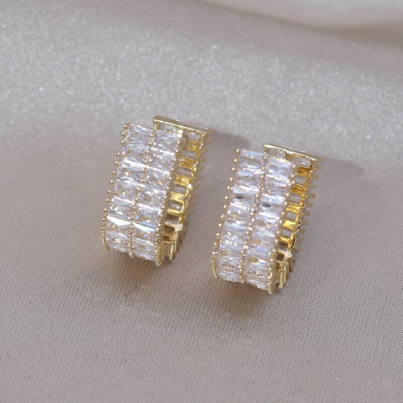 Korea Design Jewelry Delicate Copper Set  Double row Zircon Earrings Elegant Women's Prom Party Accessories