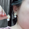 Korea Design Jewelry Delicate Copper Set Zircon Leaf Pearl Pendant Earrings Elegant Women's Party Accessories