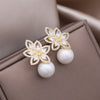 Korea Design Jewelry Delicate Copper Set Zircon Leaf Pearl Pendant Earrings Elegant Women's Party Accessories