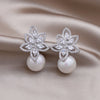 Korea Design Jewelry Delicate Copper Set Zircon Leaf Pearl Pendant Earrings Elegant Women's Party Accessories