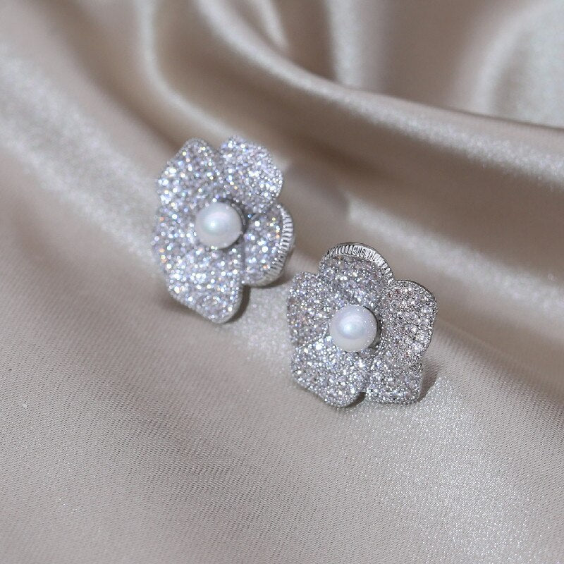 Korea Design Jewelry Delicate Copper Set Zircon Silver Color Flower Pearl Earrings Elegant Women's Party Accessories