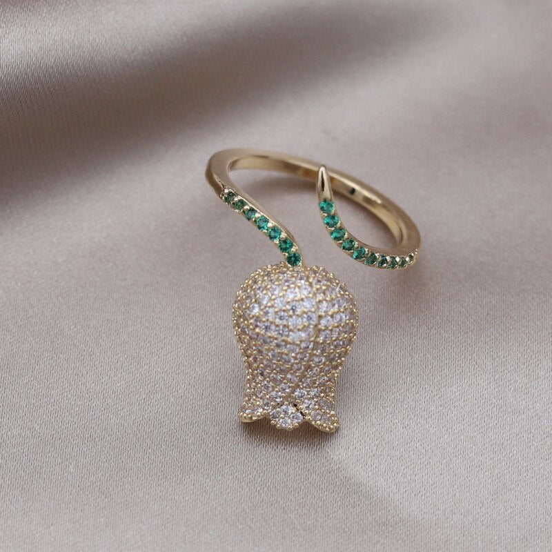 Korea Design Jewelry Delicate Copper Zircon 14K Gold Plated Tulip Ring  Women's Opening Adjustable Accessories