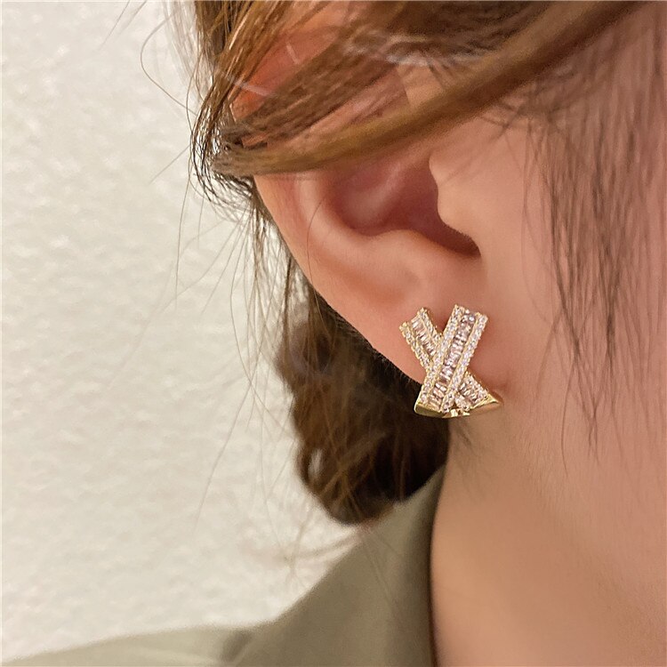 Korea Design Jewelry Exquisite Copper Inlaid Zircon Cross Earrings Elegant  Women's Wedding Party Accessories