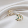 Korea Design Jewelry Exquisite Copper Set Zircon Green Crystal Leaf Ring Elegant Women Prom Party Open Ring
