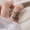 Korea Design Jewelry Exquisite Copper Set Zircon Green Crystal Leaf Ring Elegant Women Prom Party Open Ring