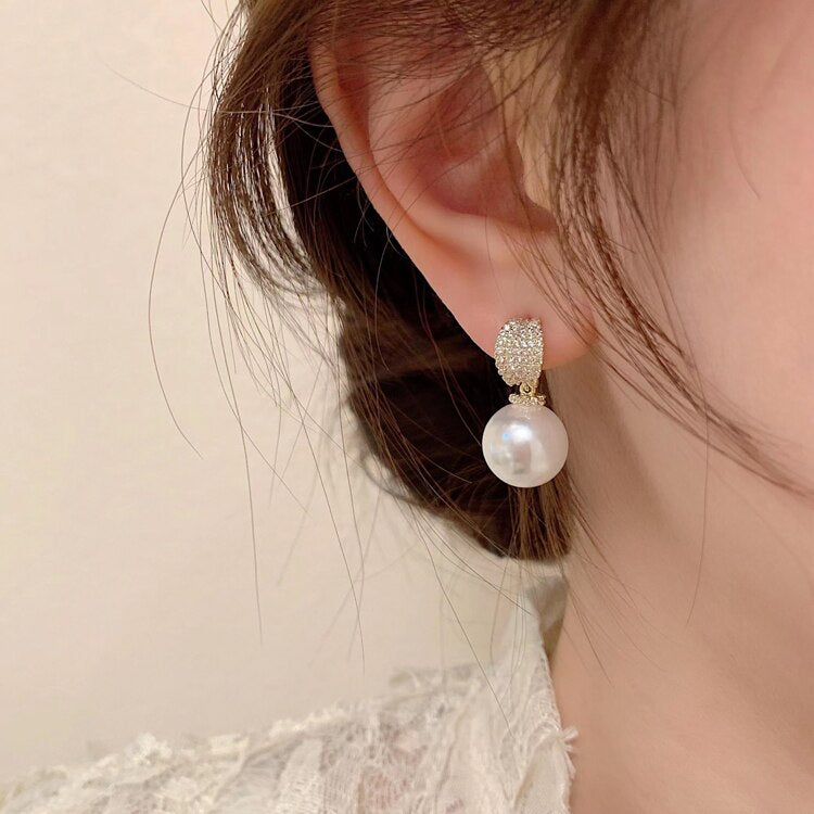 Korea Design Jewelry Exquisite Copper Set Zircon Pearl Pendant Earrings Elegant Women Gala Party Accessories