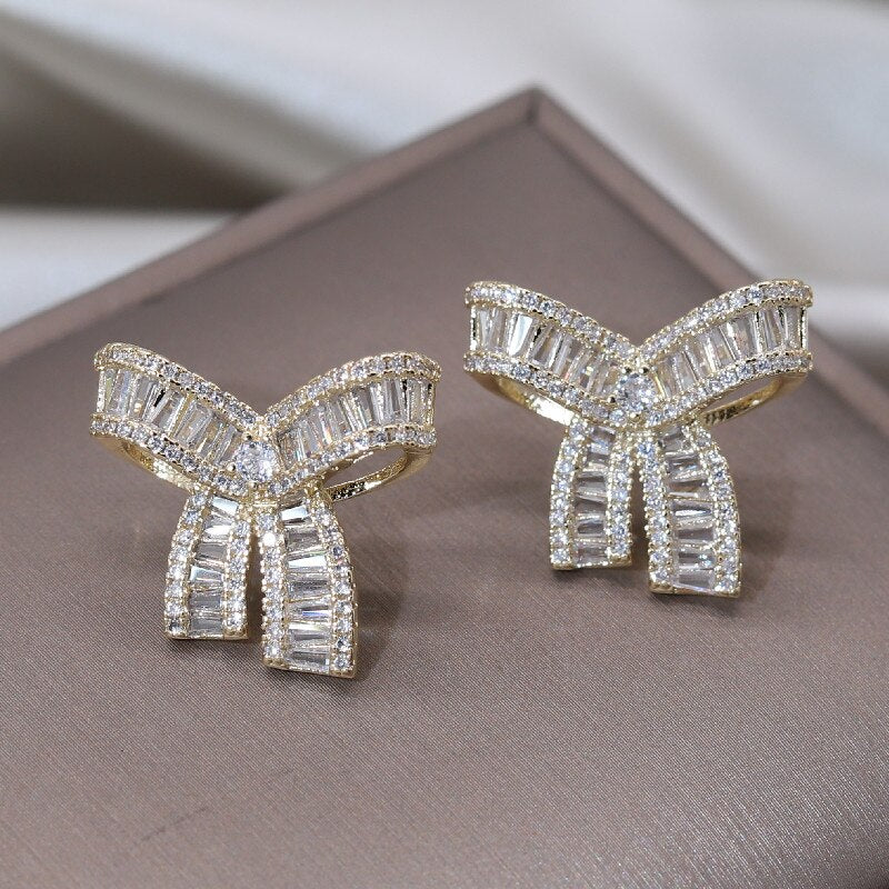 Korea Design Jewelry Exquisite  Full Zircon Bow Earrings Elegant Women Wedding Party Accessories