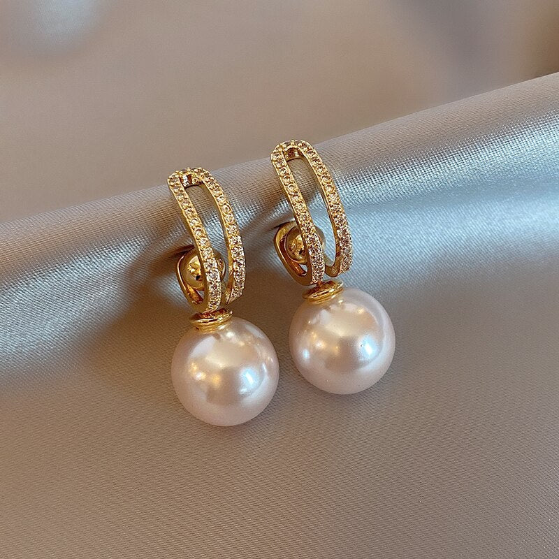 Korea Design Jewelry Exquisite Zircon White Pearl Pendant Earrings Elegant Women's Prom Party Accessories