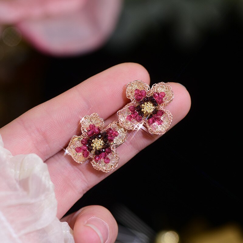 Korea Design Jewelry Handmade Crystal Beads Flower Earrings Sweet Women Summer Style Beach Party Earrings