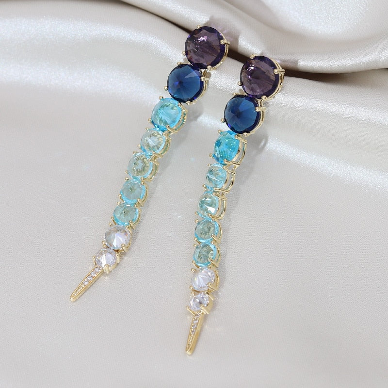 Korea Design Jewelry Long Colorful Crystal Gradient Earrings  Women Prom Party Accessories