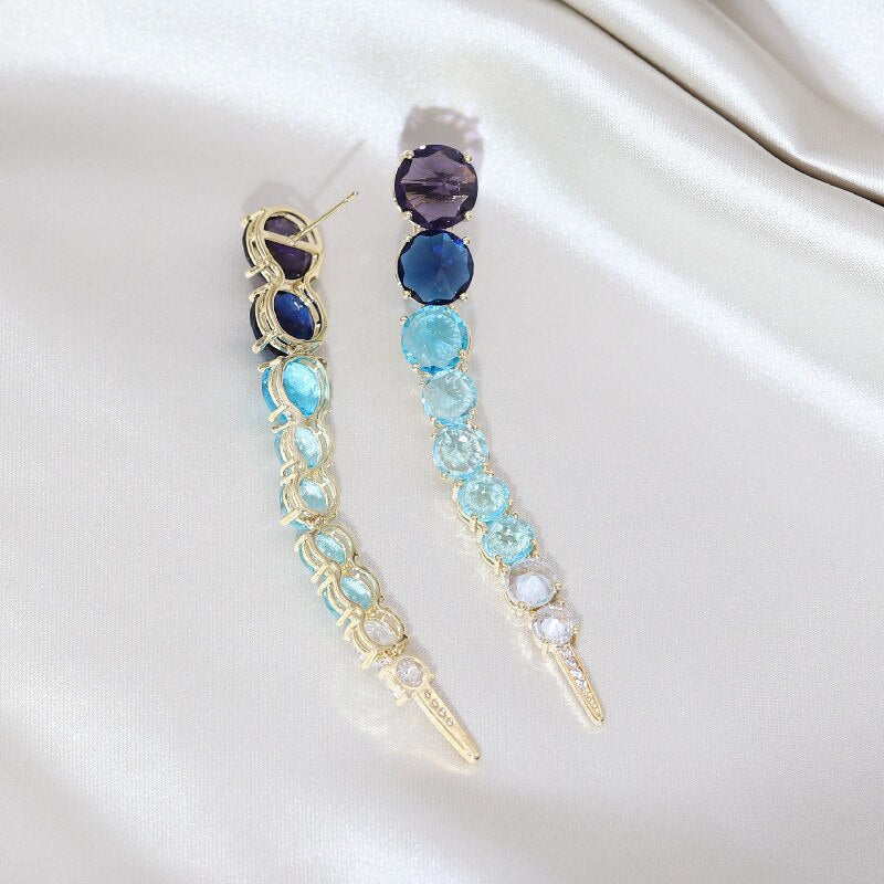 Korea Design Jewelry Long Colorful Crystal Gradient Earrings  Women Prom Party Accessories