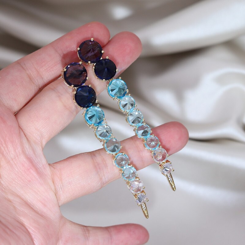 Korea Design Jewelry Long Colorful Crystal Gradient Earrings  Women Prom Party Accessories