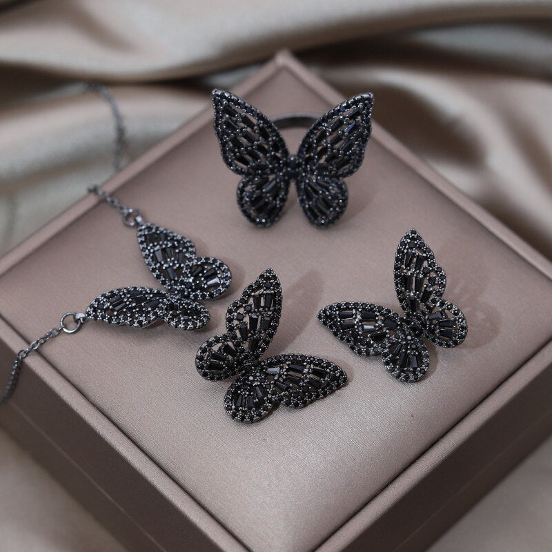 Korea Design Jewelry  Black Zircon Big Butterfly Ring Earrings Necklace Elegant Women's Prom Party Accessories