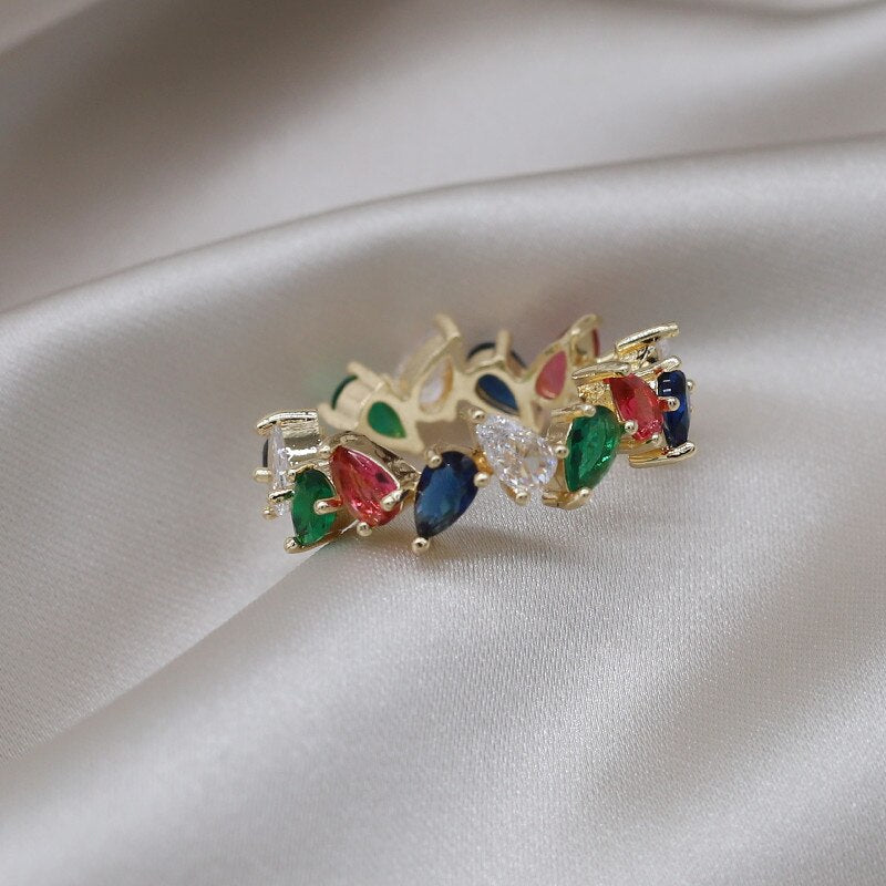 Korea Design Jewelry  Full Colored Zircon Geometric Leaf Rings Elegant Women Daily Work Open Rings