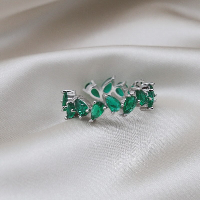 Korea Design Jewelry  Full Colored Zircon Geometric Leaf Rings Elegant Women Daily Work Open Rings