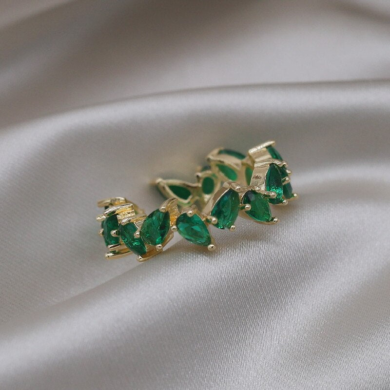 Korea Design Jewelry  Full Colored Zircon Geometric Leaf Rings Elegant Women Daily Work Open Rings