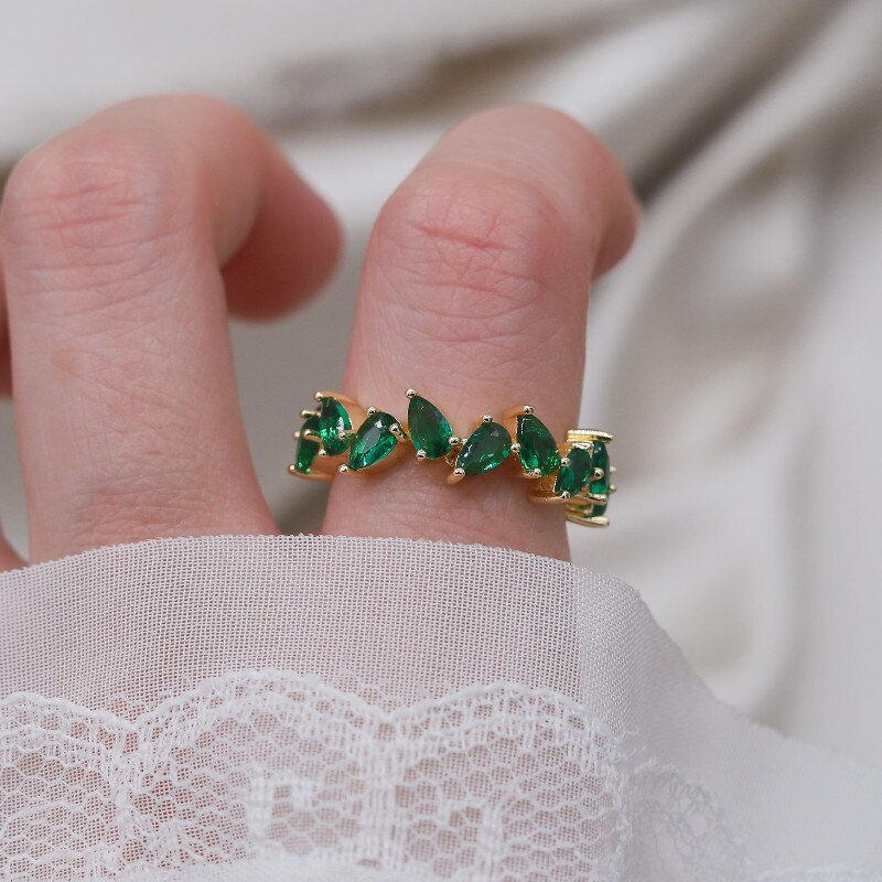 Korea Design Jewelry  Full Colored Zircon Geometric Leaf Rings Elegant Women Daily Work Open Rings