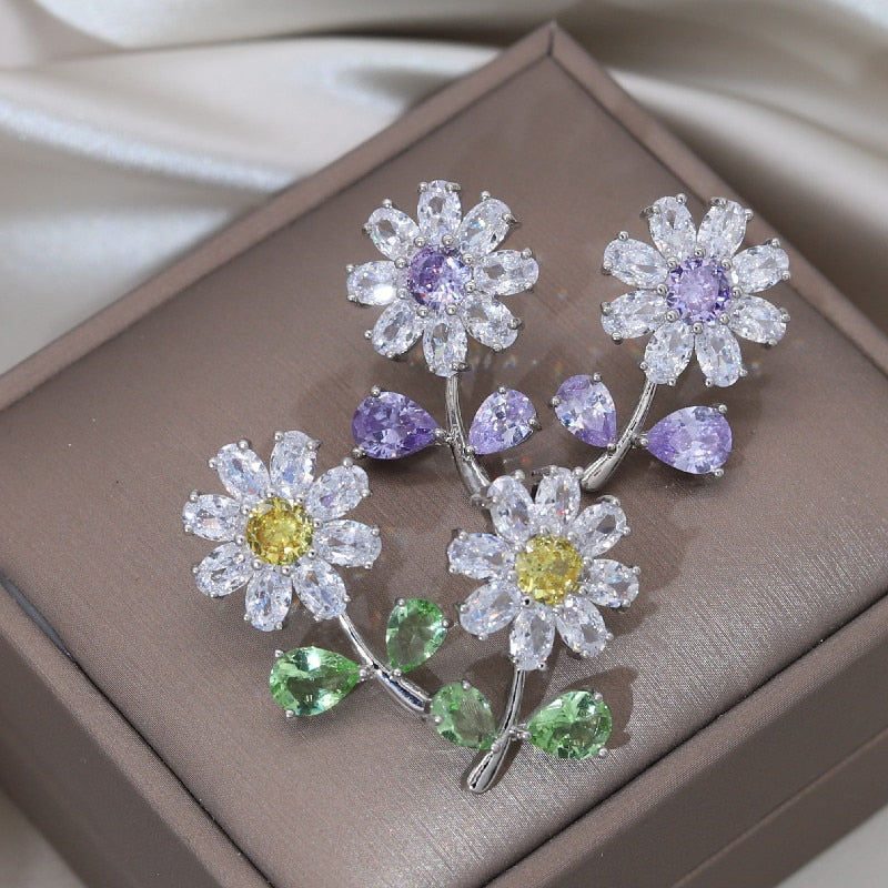 Korea Design Jewelry  Full Zircon Daisy Silver Color Stud Earrings Elegant Sweet Women Prom Party Accessories