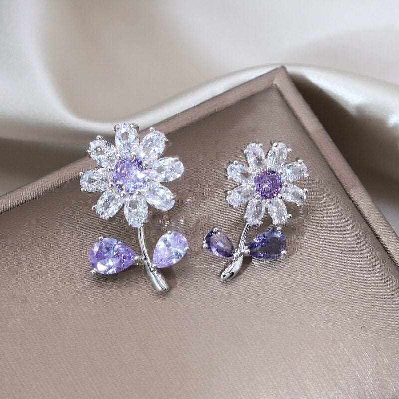 Korea Design Jewelry  Full Zircon Daisy Silver Color Stud Earrings Elegant Sweet Women Prom Party Accessories