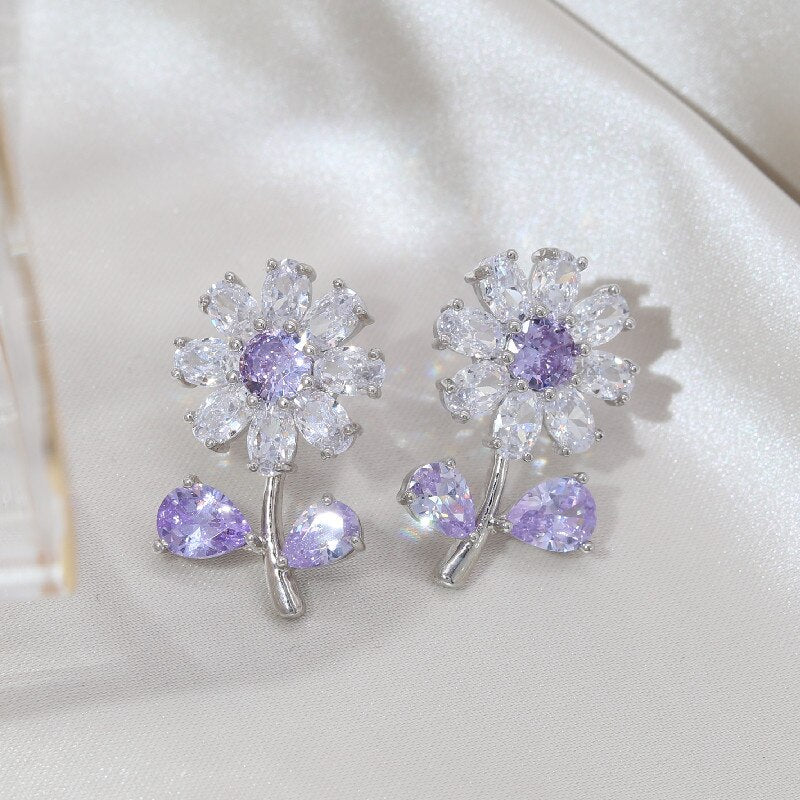 Korea Design Jewelry  Full Zircon Daisy Silver Color Stud Earrings Elegant Sweet Women Prom Party Accessories