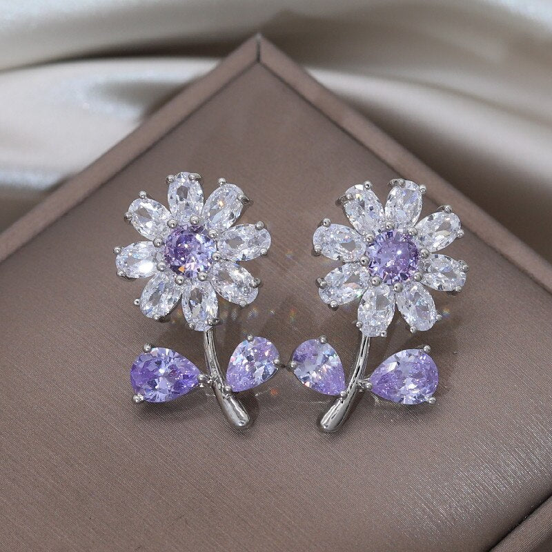 Korea Design Jewelry  Full Zircon Daisy Silver Color Stud Earrings Elegant Sweet Women Prom Party Accessories