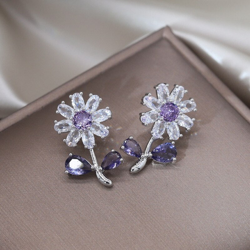 Korea Design Jewelry  Full Zircon Daisy Silver Color Stud Earrings Elegant Sweet Women Prom Party Accessories
