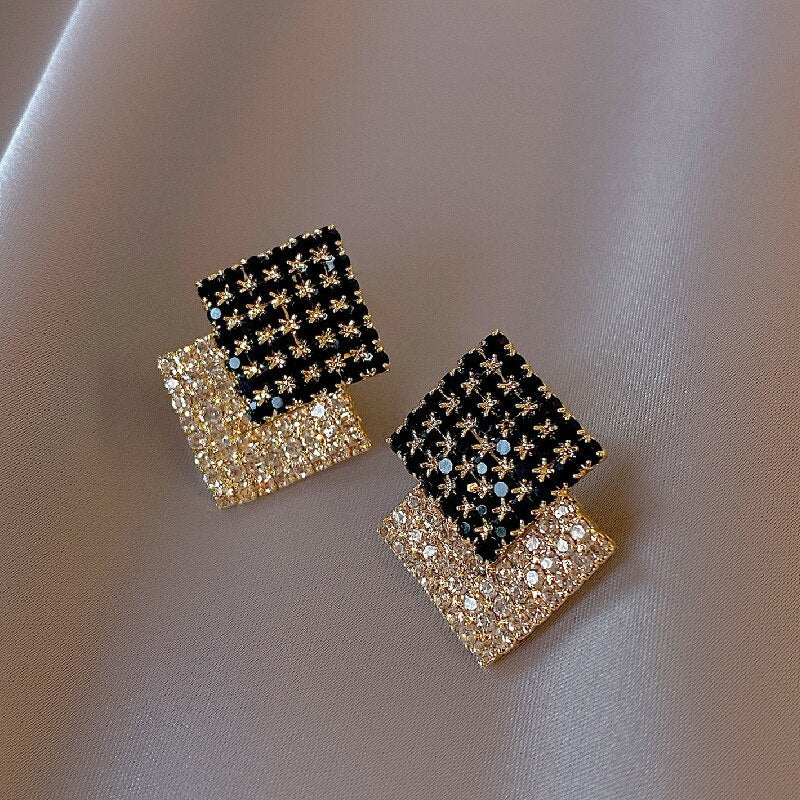 Korea Design Jewelry  Geometric Black White Crystal Earrings Generous Elegant Women's Prom Party Accessories