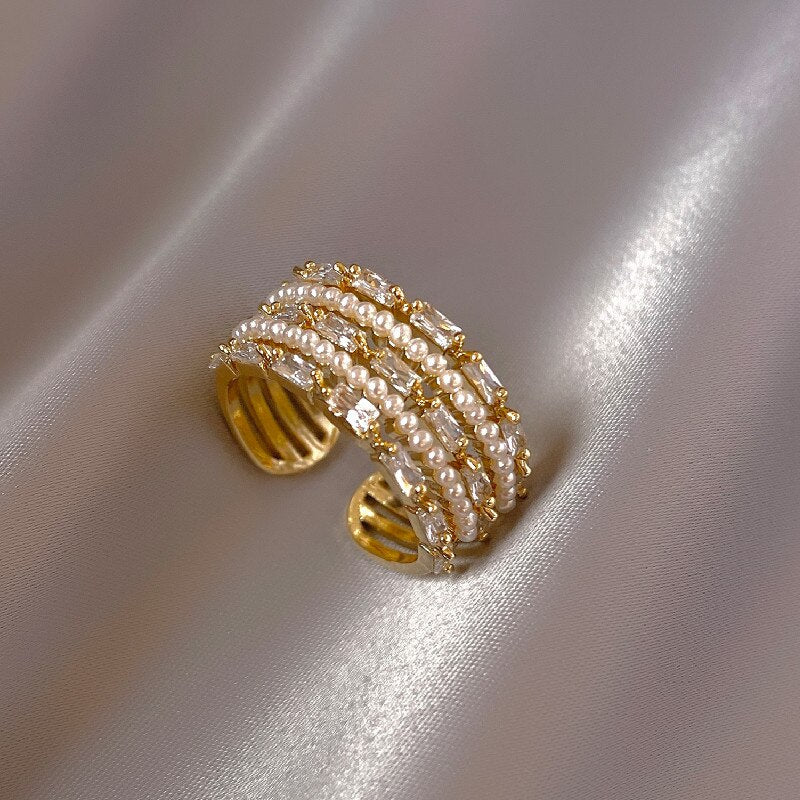 Korea Design Jewelry  Multilayer Zircon Pearl Rings Elegant Women's Daily Work Opening Adjustable Rings