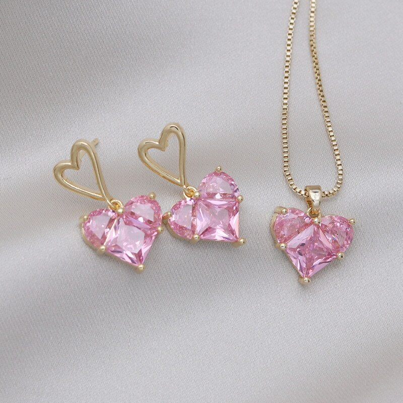 Korea Design Jewelry  Pink Love Zircon Earrings Necklace Elegant Women Wedding Party Accessories