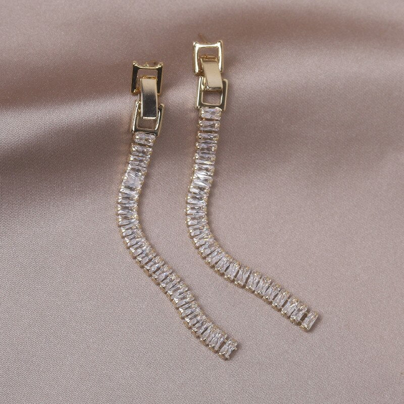 Korea Design Jewelry  Shiny Full Zircon Long Earrings Elegant Women's Wedding Accessories
