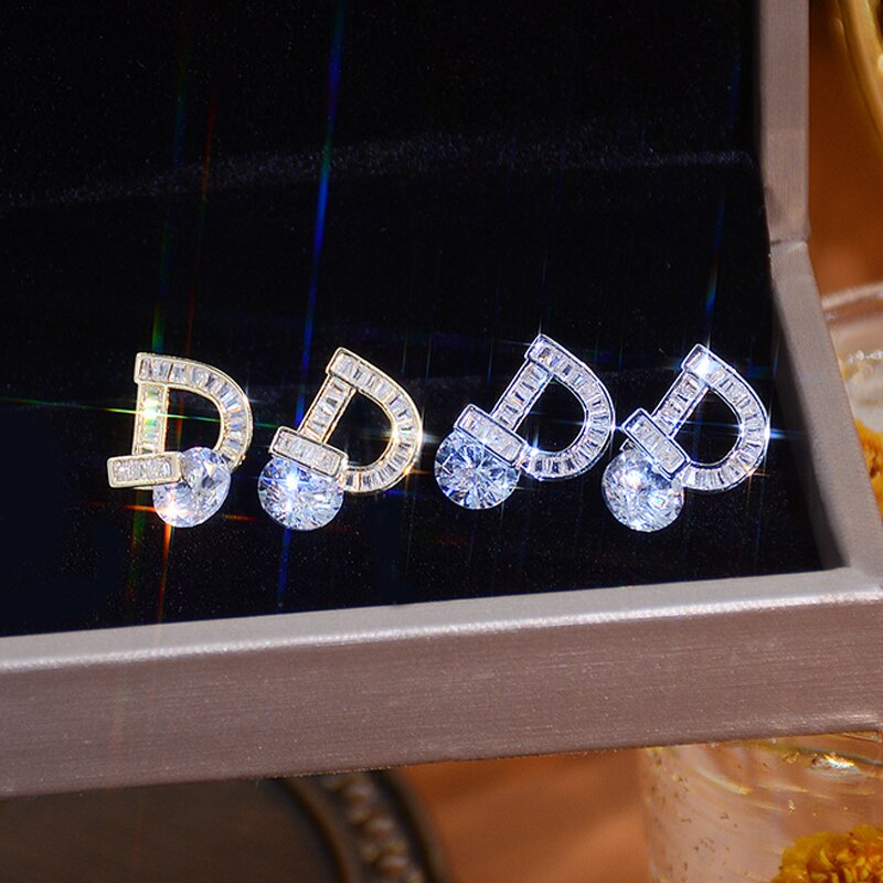 Korea Design Jewelry  Shiny Zircon Letter D Earrings Elegant Women's Prom Party Accessories