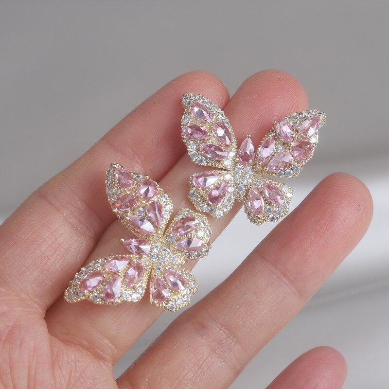 Korea Design Jewelry  Sparkling Full Pink Zircon Butterfly Earrings With Elegant Women Wedding Party earrings