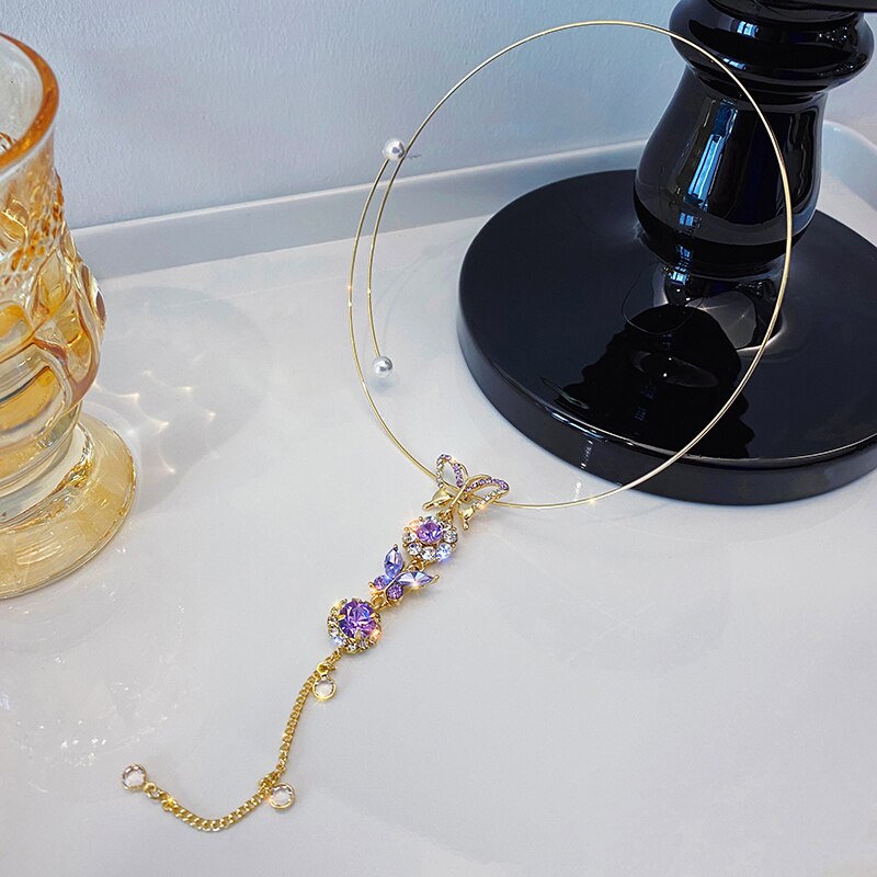 Korea Design Jewelry  Necklace Sexy Long Pendant Color Butterfly Crystal Female Banquet Necklace