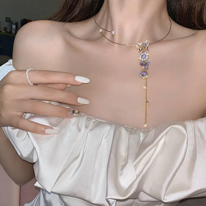 Korea Design Jewelry  Necklace Sexy Long Pendant Color Butterfly Crystal Female Banquet Necklace