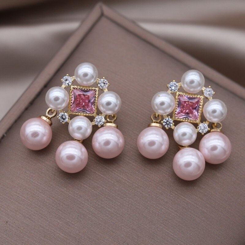 Korea Design Jewelry Palace Style Pink Zircon Pearl Tassel Earrings Elegant Women's Party Accessories