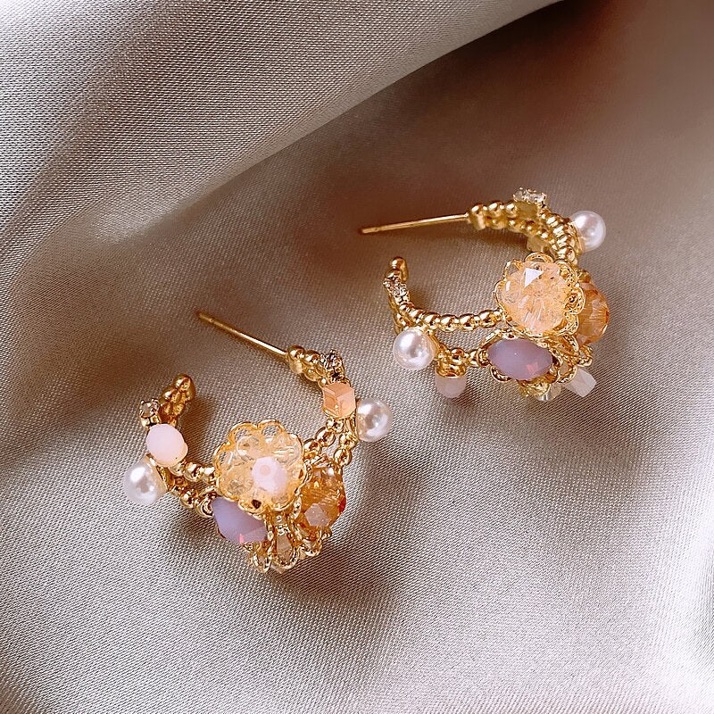 Korea Design Jewelry Pink Crystal Flower Half Circle Earrings Elegant Women's Daily Work Accessories