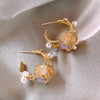 Korea Design Jewelry Pink Crystal Flower Half Circle Earrings Elegant Women's Daily Work Accessories